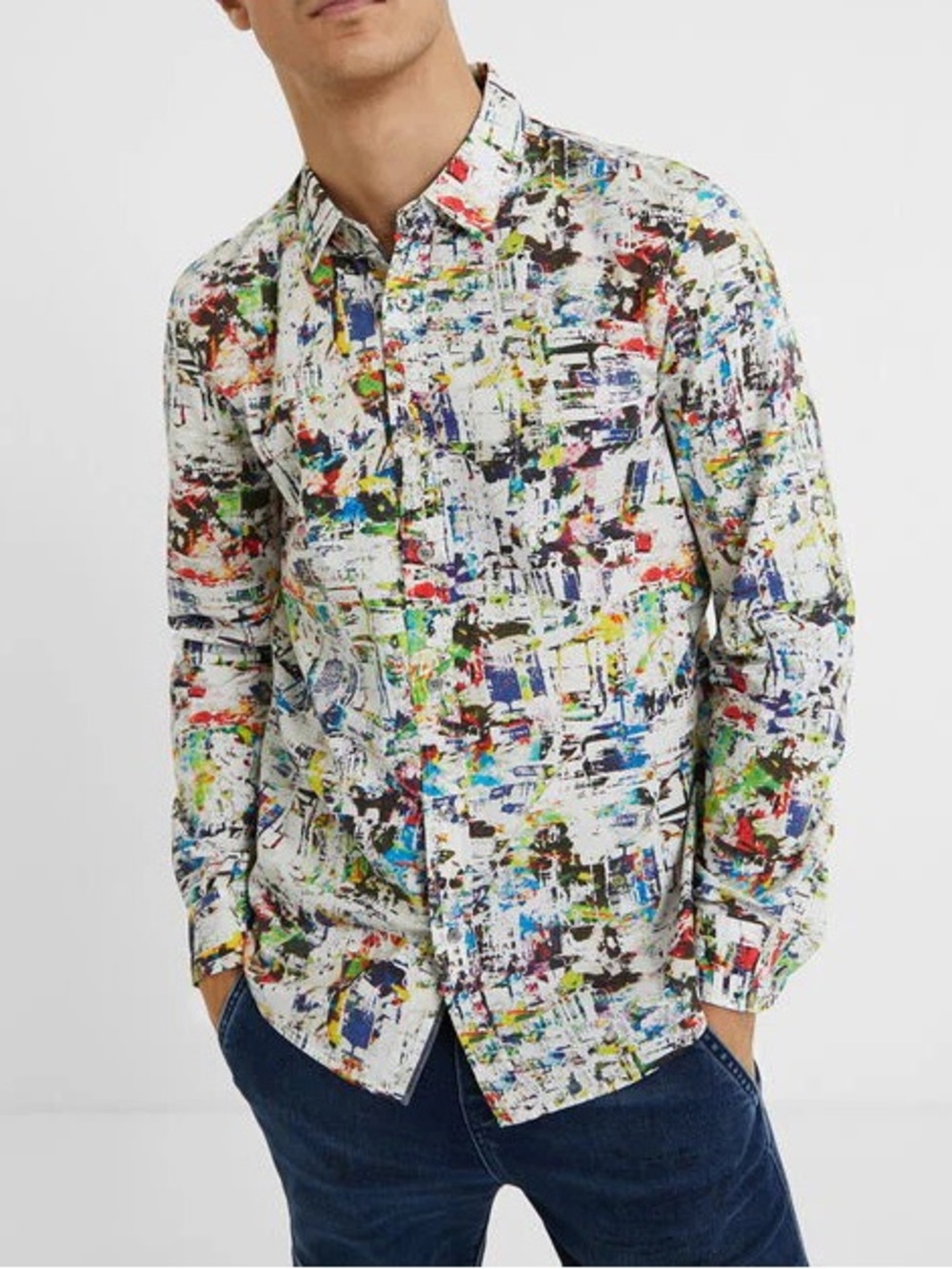 DESIGUAL Gerard slim arty button shirt AOP urban abstract graphic paper print XL